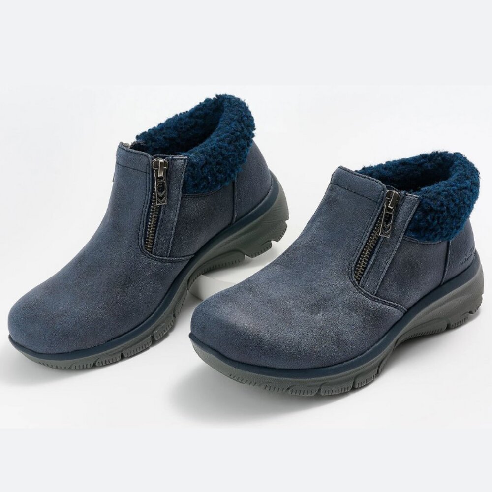 NWT Skechers Womens Easy Going Navy Double Zip Memory Foam Ankle Boot Size 5.5